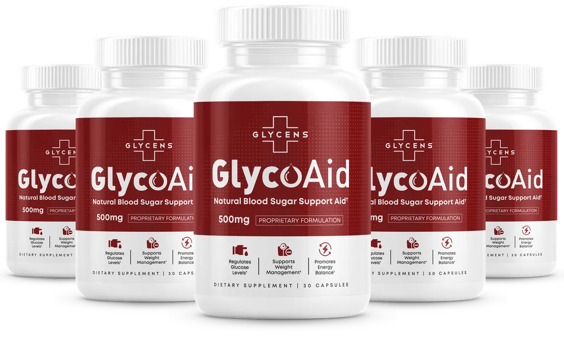 A row of GlycoAid blood sugar support capsule bottles from a doctor-formulated line