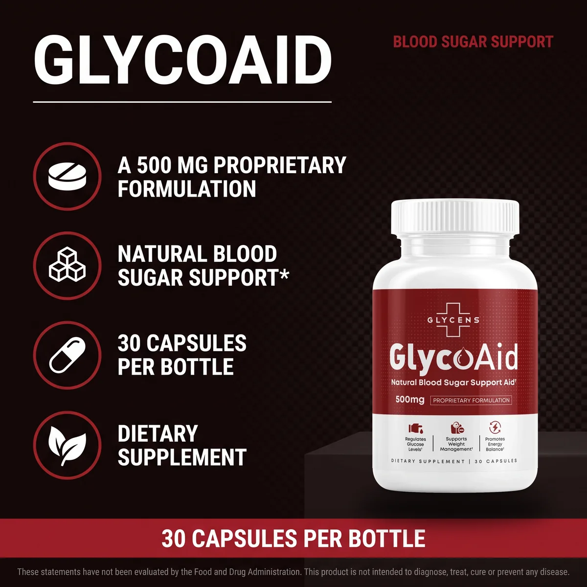 GlycoAid capsules supporting healthy blood sugar with a 500 mg proprietary formulation