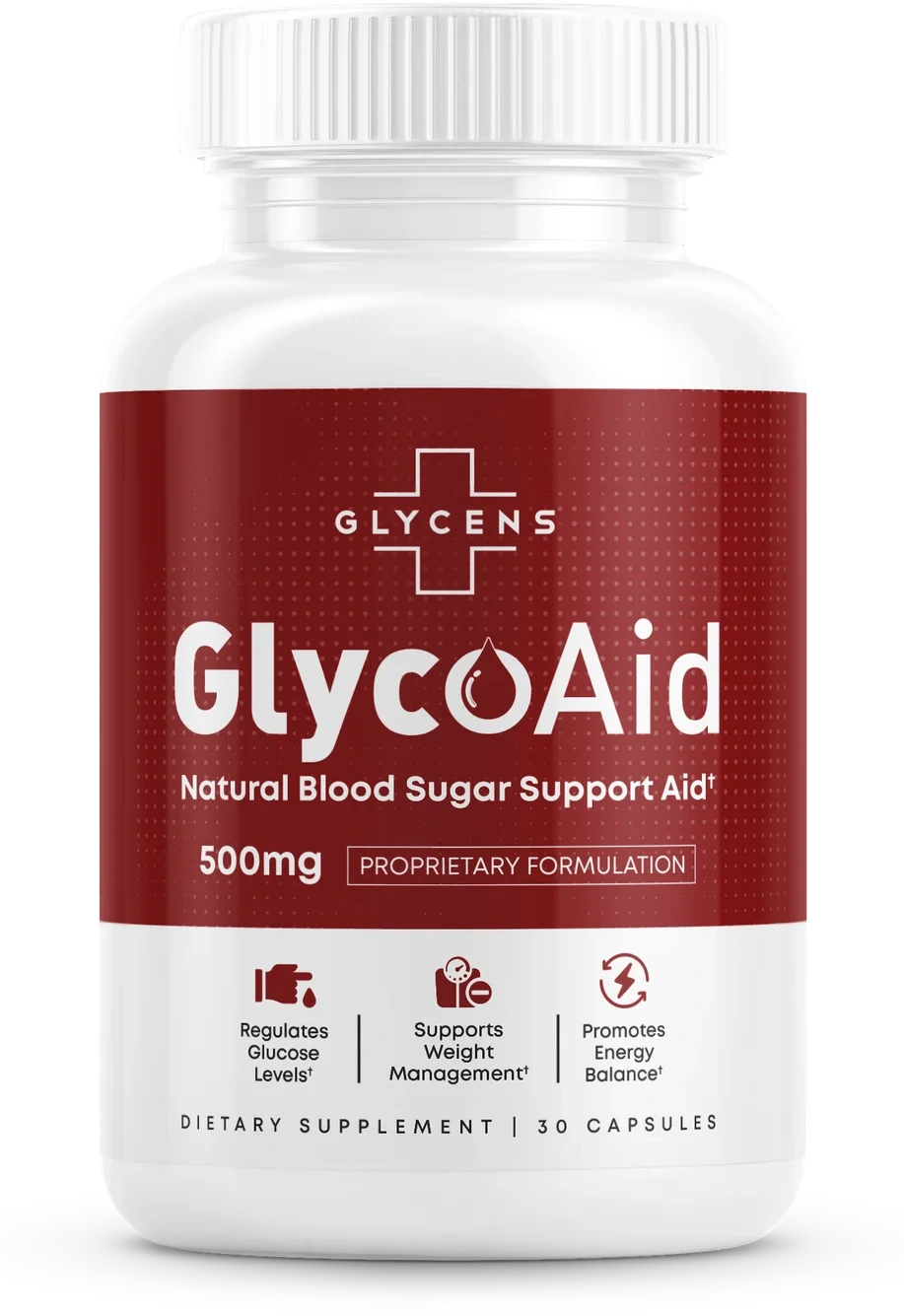 GlycoAid bottle showing the 500 mg proprietary blood sugar blend, 30 capsules