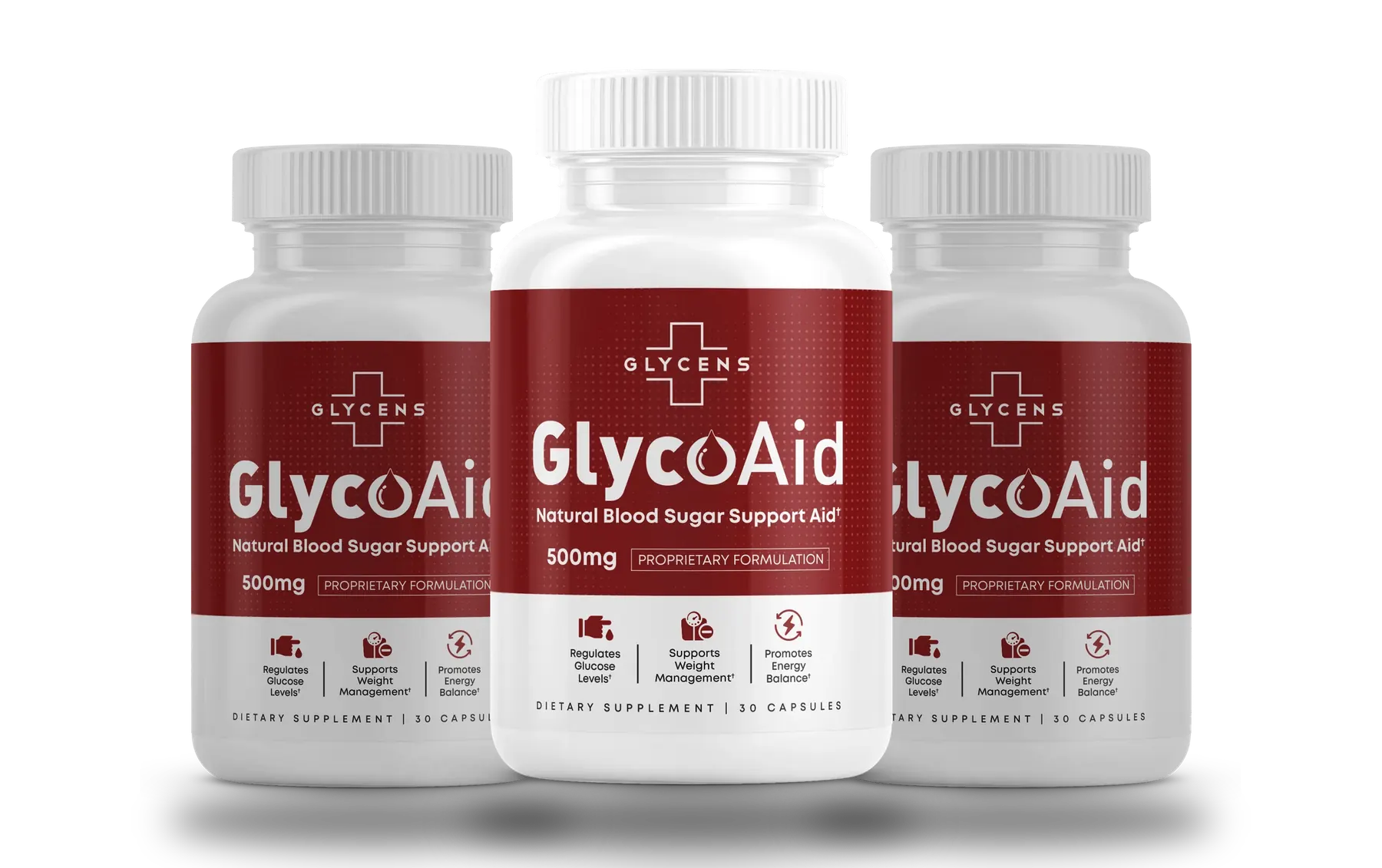 GlycoAid capsule bottles shown together, available in 1, 3 and 6-bottle packages